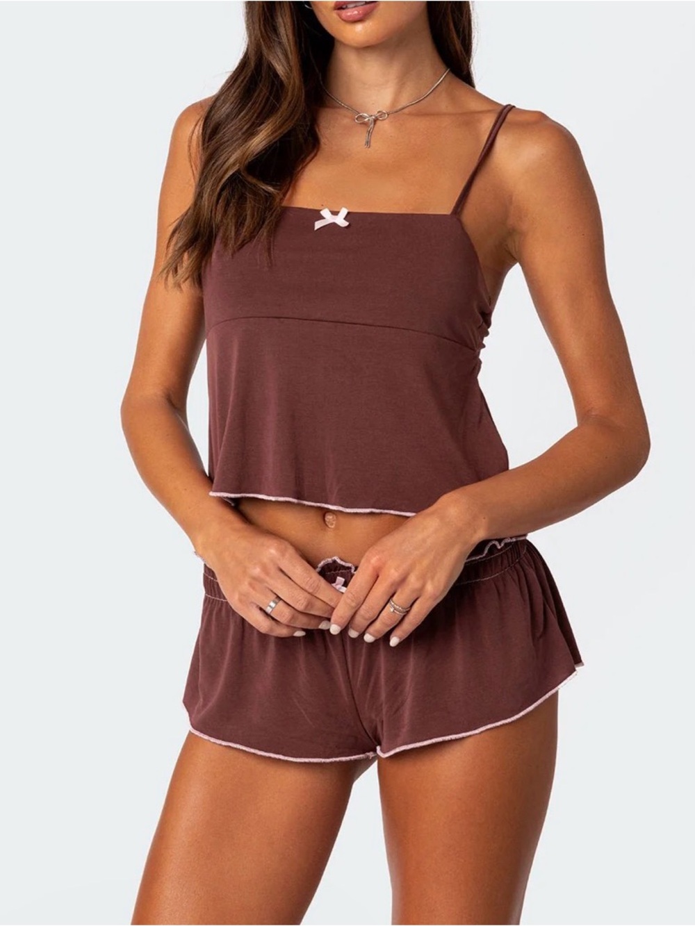 EDIKTED Brown Cotton Cami & Short Sleep Set